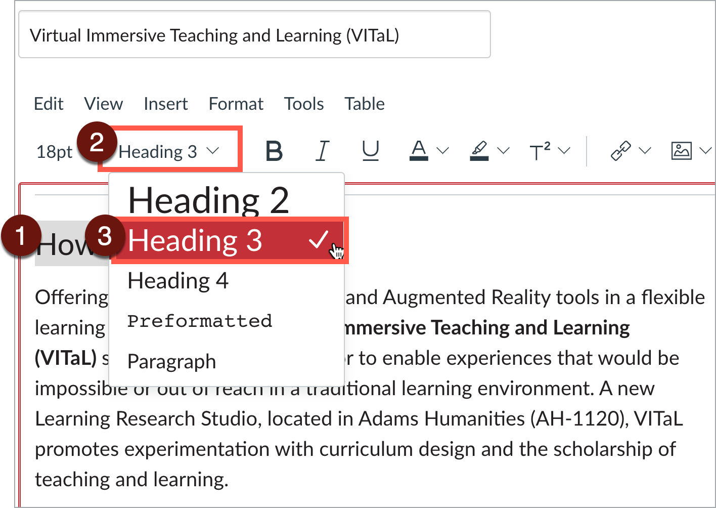 Select desired heading level in Canvas rich content editor.