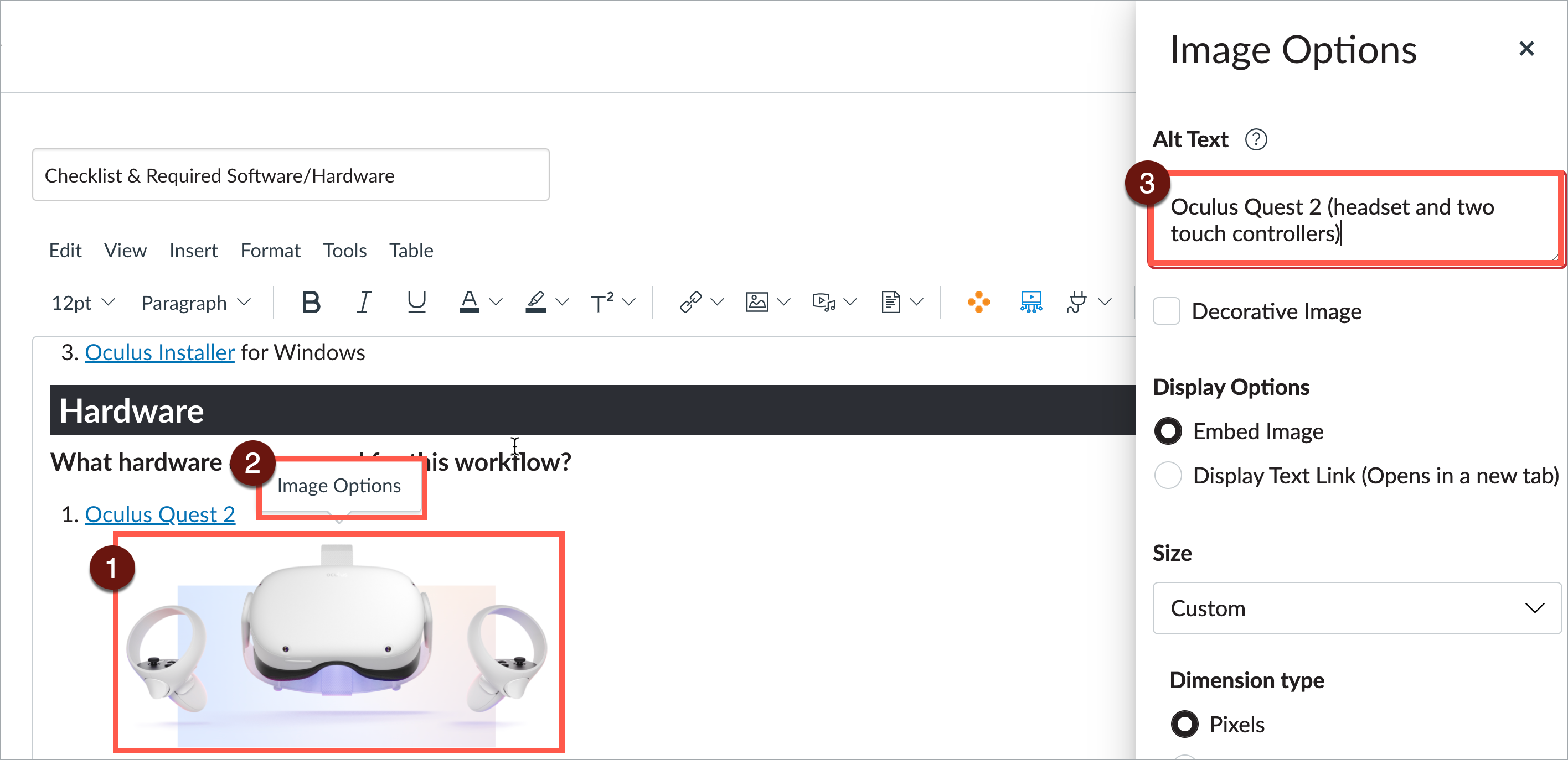 Select image to access alt text in Canvas.
