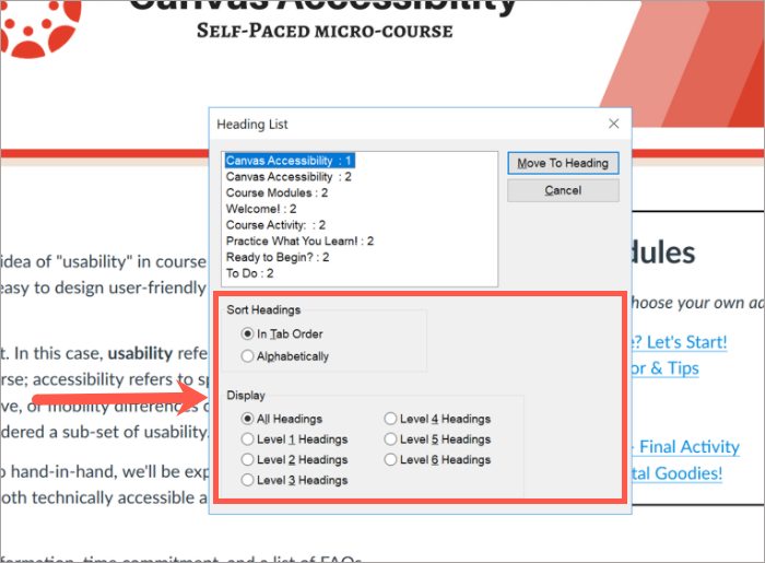 Sorting headings in JAWS